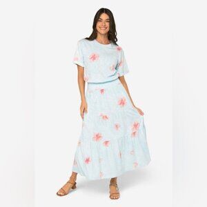 Peace Love World Women Large Dress Maxi Pockets 100% Cotton Light Blue Ruffles F